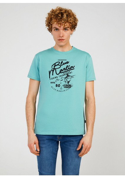 Bisiklet Yaka Baskılı Mint Erkek T-Shirt TC711110