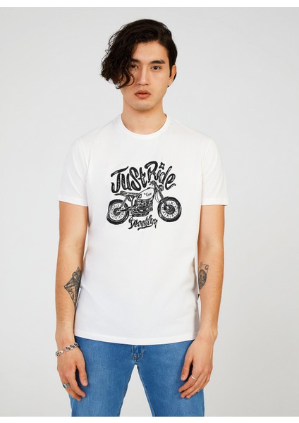 Bisiklet Yaka Baskılı Beyaz Erkek T-Shirt TC712110
