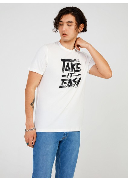 Bisiklet Yaka Baskılı Beyaz Erkek T-Shirt TC711410