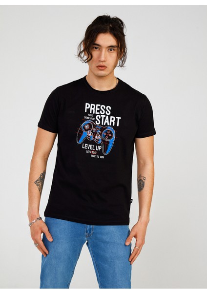 Bisiklet Yaka Baskılı Siyah Erkek T-Shirt TC712310