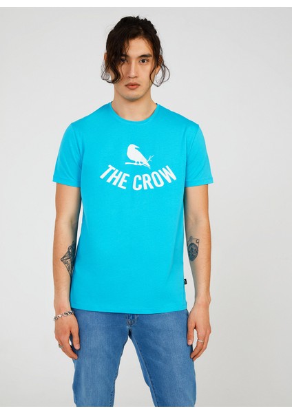 Bisiklet Yaka Baskılı Turkuaz Erkek T-Shirt TC712510