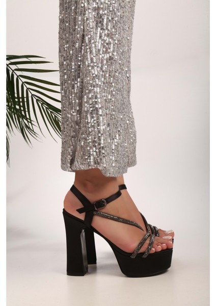 Kadın Gilly Siyah Saten Taşlı Platform Topuklu Ayakkabı modelleri