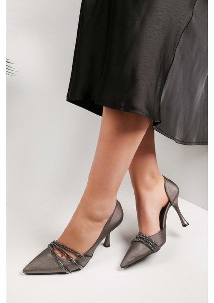 Kadın Aern Platin Saten Taşlı Topuklu Ayakkabı Stiletto modelleri