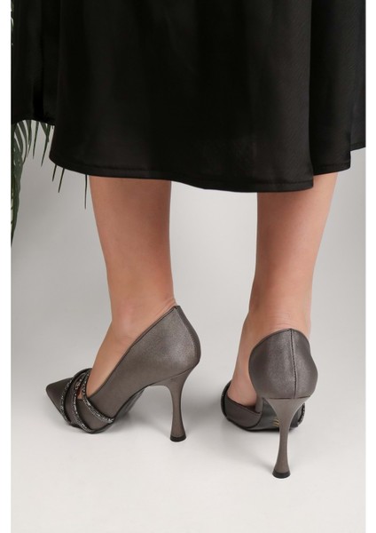 Kadın Aern Platin Saten Taşlı Topuklu Ayakkabı Stiletto fırsatları