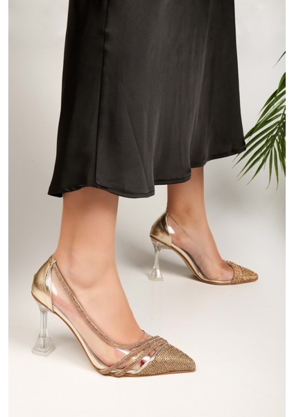 Kadın Kyle Altın Şeffaf Taşlı Topuklu Ayakkabı Stiletto modelleri