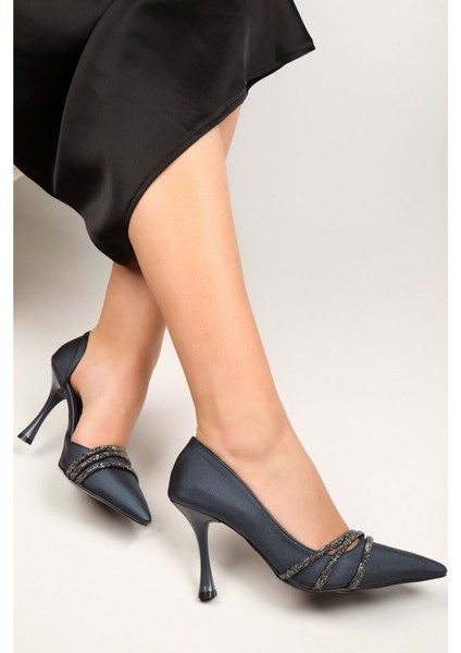 Kadın Aern Lacivert Saten Taşlı Topuklu Ayakkabı Stiletto fiyatları