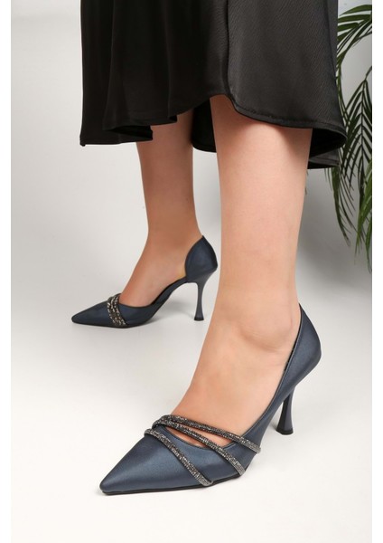Kadın Aern Lacivert Saten Taşlı Topuklu Ayakkabı Stiletto modelleri