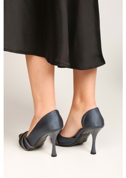 Kadın Aern Lacivert Saten Taşlı Topuklu Ayakkabı Stiletto fırsatları