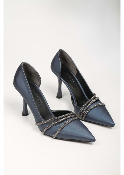 Kadın Aern Lacivert Saten Taşlı Topuklu Ayakkabı Stiletto indirimleri