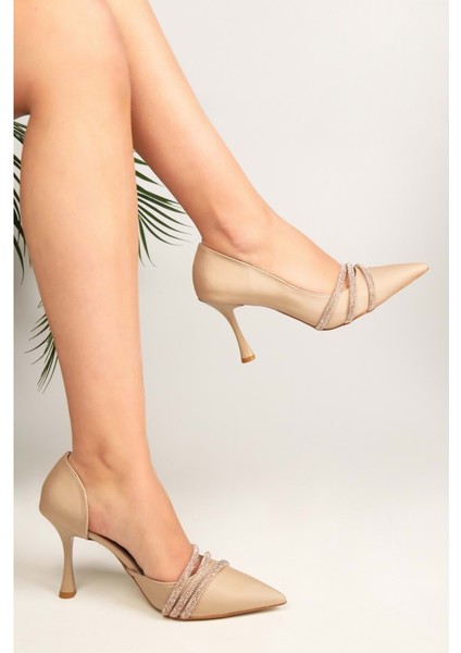 Kadın Aern Ten Saten Taşlı Topuklu Ayakkabı Stiletto