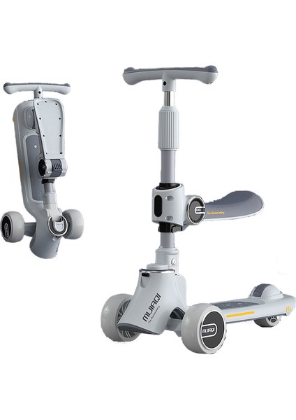 Müzikli ve Işıklı Tek Tuşla Katlanıp Oturabilir ve Kayabilir Çocuk Scooter - Beyaz (Yurt Dışından)