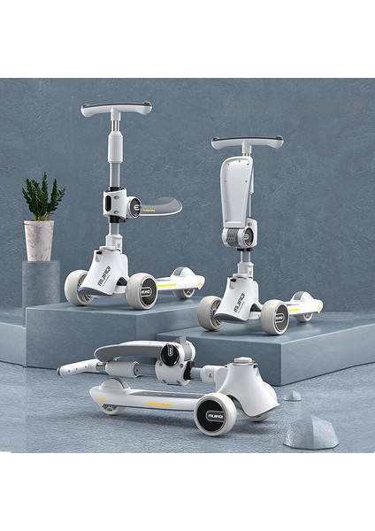 Müzikli ve Işıklı Tek Tuşla Katlanıp Oturabilir ve Kayabilir Çocuk Scooter - Beyaz (Yurt Dışından)