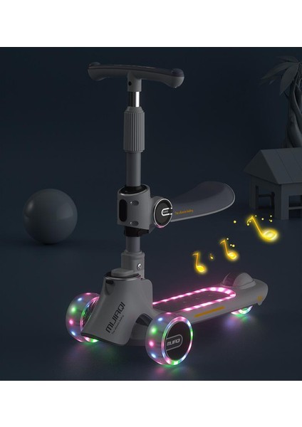 Müzikli ve Işıklı Tek Tuşla Katlanıp Oturabilir ve Kayabilir Çocuk Scooter - Beyaz (Yurt Dışından)