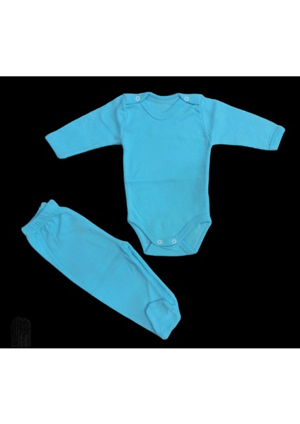 Uzun Kollu Çıtçıtlı Bebek Badisi ve Patikli Alt Düz Renk Zıbın Seti (Turkuaz Renk)10