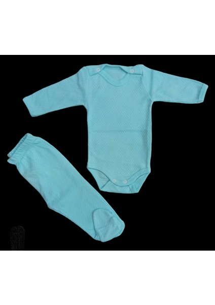 Uzun Kollu Çıtçıtlı Bebek Badisi ve Patikli Alt Düz Renk Zıbın Seti ( Su Yeşili Renk)10