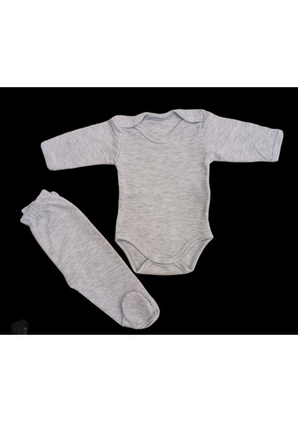 Uzun Kollu Çıtçıtlı Bebek Badisi ve Patikli Alt Düz Renk Zıbın Seti ( Gri Renk)10