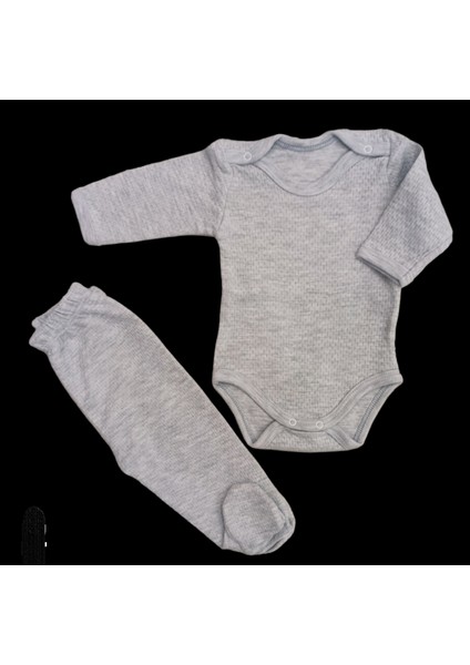 Uzun Kollu Çıtçıtlı Bebek Badisi ve Patikli Alt Düz Renk Zıbın Seti ( Gri Renk)10