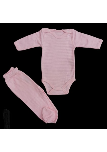 Uzun Kollu Çıtçıtlı Bebek Badisi ve Patikli Alt Düz Renk Zıbın Seti (Pembe Renk)10