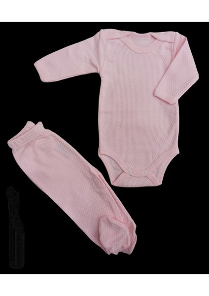 Uzun Kollu Çıtçıtlı Bebek Badisi ve Patikli Alt Düz Renk Zıbın Seti (Pembe Renk)10 modelleri