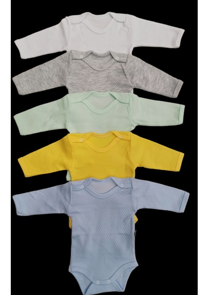 Uzun Kollu Çıtçıtlı Badi Bisiklet Yaka Body Hava Alır Kumaş Düz Renk Zıbın (5li Paket) 0-48 Ay Arası10