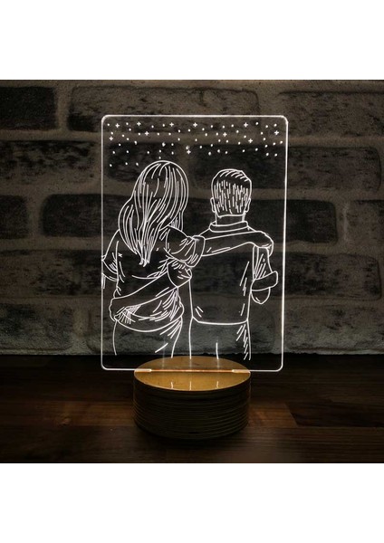 Aşıklar Figürlü Dekoratif Hediye Led Masa Lambası | 7 Işık Rengi | Ahşap Taban