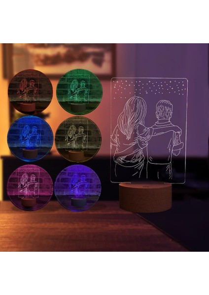 Aşıklar Figürlü Dekoratif Hediye Led Masa Lambası | 7 Işık Rengi | Ahşap Taban