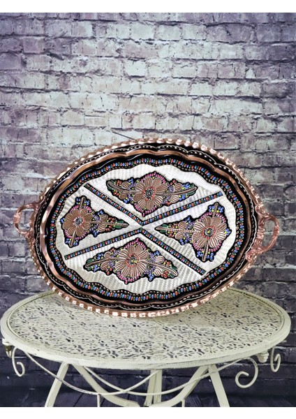 Bakır Gül Çiçek Oval Bakır Tepsi