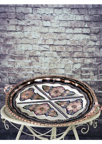 Bakır Gül Çiçek Oval Bakır Tepsi