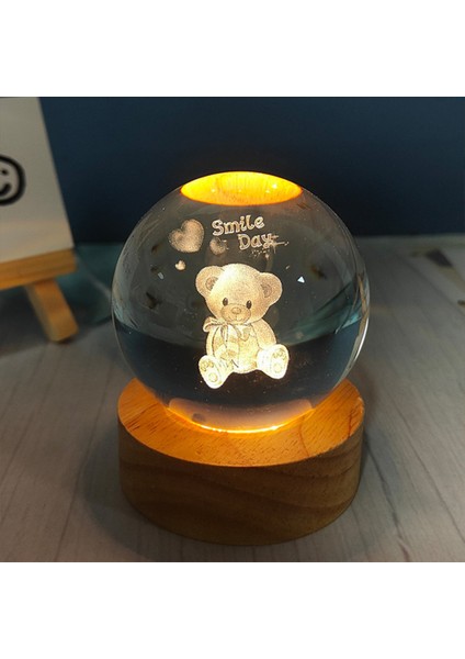 Büyük Boy Işıklı Ahşap Kaideli Ayıcık Temalı Cam Küre 8cm