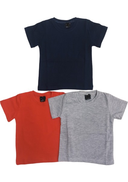 Basic Düz Bisiklet Yaka Kısa Kollu Likralı Badi Sweat T-Shirt (3 Lü Paket Gri-Kırmızı-Lacivert)