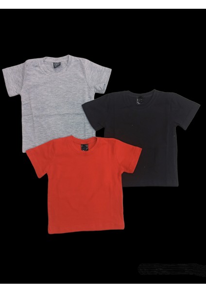 Basic Düz Bisiklet Yaka Kısa Kollu Likralı Badi Sweat T-Shirt (3 Lü Paket Gri-Kırmızı-Siyah) modelleri