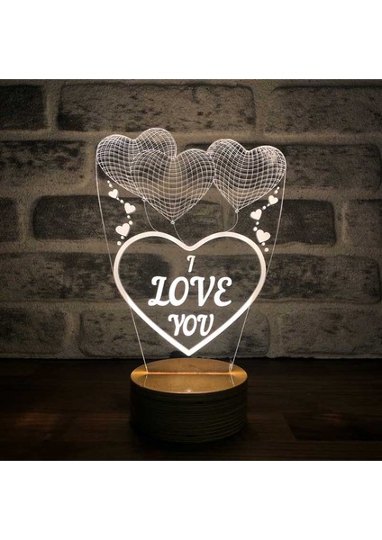 Üç Kalp I Love You Figürlü Dekoratif Hediye Led Masa Lambası | 7 Işık Rengi | Ahşap Taban