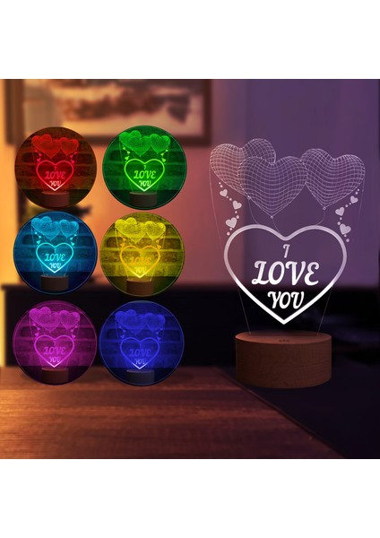 Üç Kalp I Love You Figürlü Dekoratif Hediye Led Masa Lambası | 7 Işık Rengi | Ahşap Taban