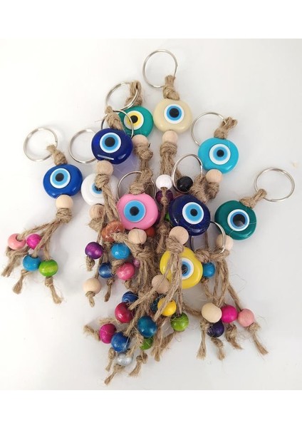 Nazar Boncuk Anahtarlık 20 Adet Karışık Renkli Kötü Göz Kovucu Nazar Hand Made Hasır Renkli Ahşap Boncuklu Nazarlı Anahtarlık