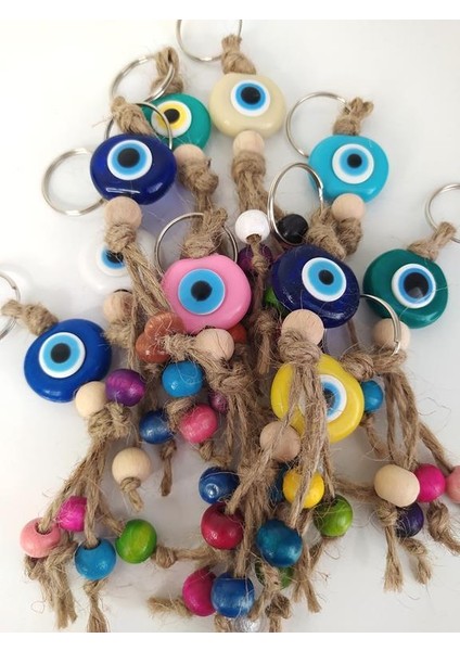 Nazar Boncuk Anahtarlık 20 Adet Karışık Renkli Kötü Göz Kovucu Nazar Hand Made Hasır Renkli Ahşap Boncuklu Nazarlı Anahtarlık indirimleri