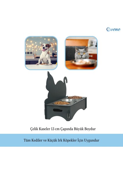 Mama Su Kabı Paslanmaz Çelik Taslı 3'lü Ahşap Kedi ve Köpek Suluk Kedi Arkalıklı Model