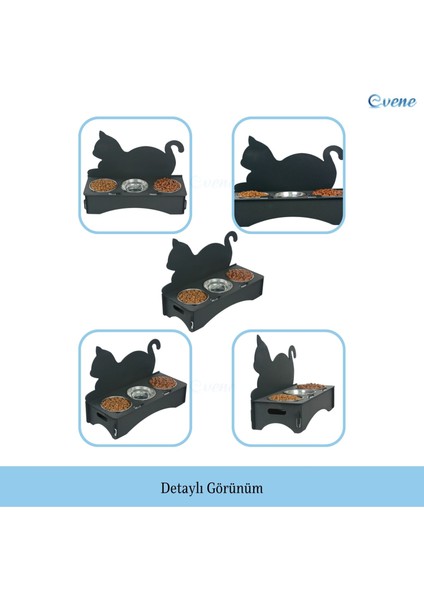 Mama Su Kabı Paslanmaz Çelik Taslı 3'lü Ahşap Kedi ve Köpek Suluk Kedi Arkalıklı Model