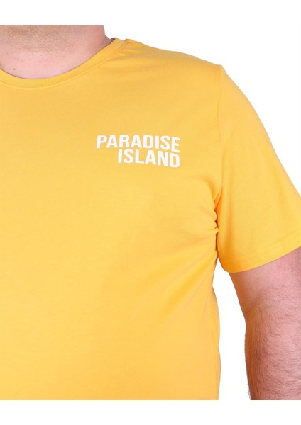 Moc Grande  Büyük Beden Sıfır Yaka Tişört Paradise Island 23103 Sarı