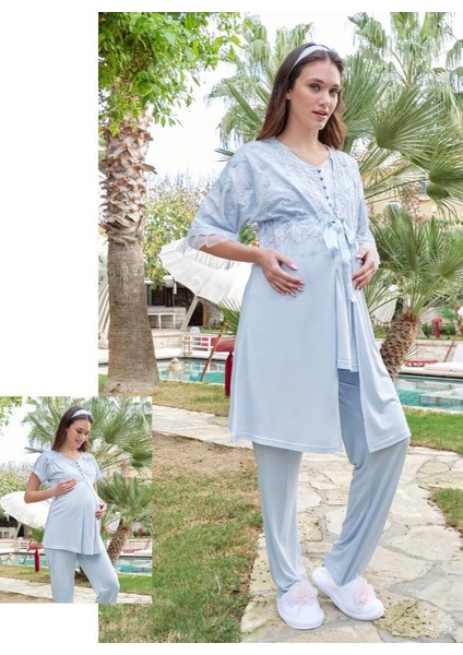 5605 Mavi V Yaka 3lü Hamile Lohusa Pijama Sabahlık Tk