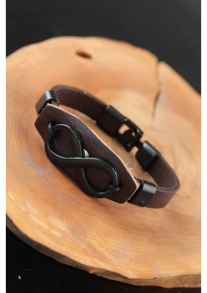Siyah Sonsuzluklu Metal Aksesuarlı Kahverengi Deri Erkek Bileklik