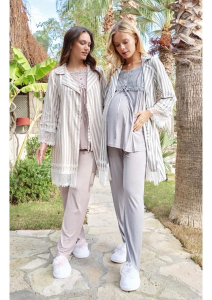 5601 Gri Dokuma Çizgili 3 Lü Hamile Lohusa Pijama Sabahlık Tk
