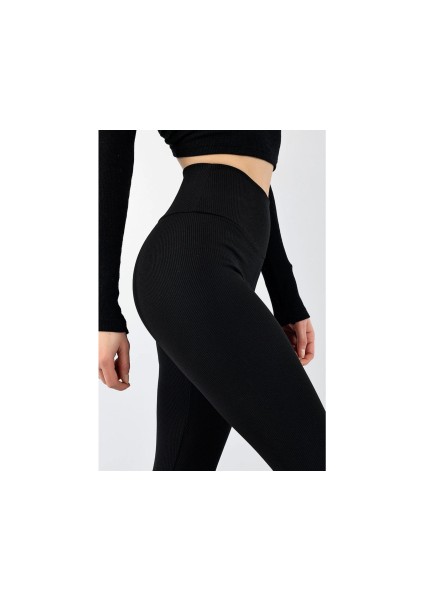 Kadın Yüksek Bel Toparlayıcı Sıkılaştırıcı Beli Lastikli Fitilli Full Likra Spor Tayt