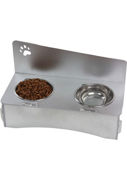 Mama Su Kabı Paslanmaz Çelik Taslı 2'li Ahşap Kedi ve Köpek Suluk Patili Model