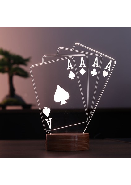Poker As Figürlü Dekoratif Hediye Led Masa Lambası | 7 Işık Rengi | Ahşap Taban