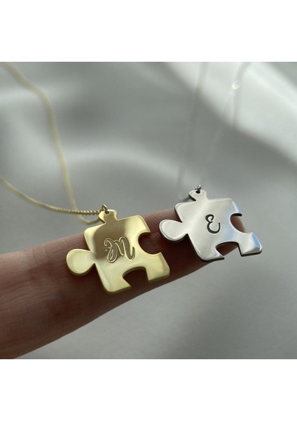 925 Ayar Gümüş Çift Puzzle Harf Kolye
