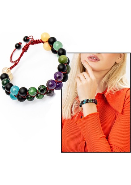 Çift Sıra Makrome Örgülü Küre Kesim Çoklu Doğaltaş Kombinli Kadın Şifa Bilekliği fiyatları