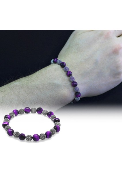 Mor Kaplangözü Metal Kombinli Küre Kesim Doğaltaş Bileklik modelleri