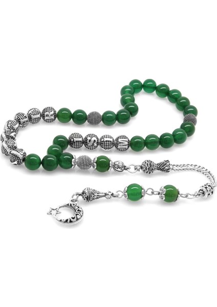 Kararmaz Metal Püsküllü Küre Kesim Isim Yazılı Yeşil Akik Doğaltaş Tesbih