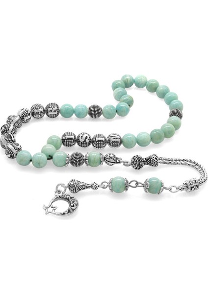 Kararmaz Metal Püsküllü Küre Kesim Isim Yazılı Amazonit Doğaltaş Tesbih