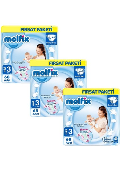 Fırsat Paketi Midi Bebek Bezi 3 Numara 4-9 kg 68 x 3 (Toplam 204 Adet)